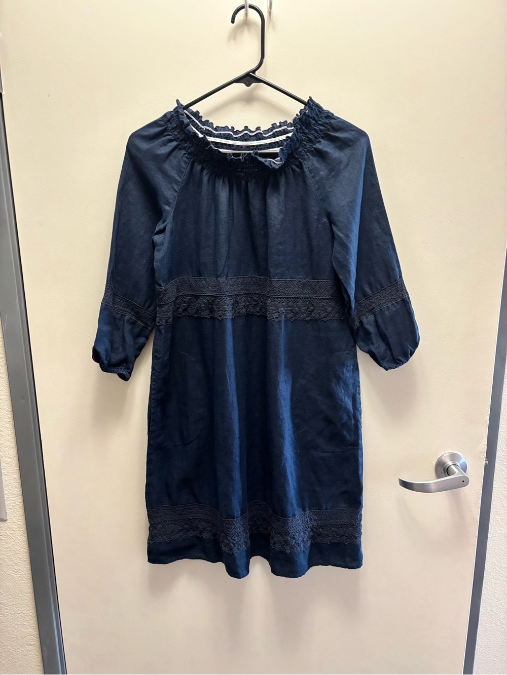 J. Jill 100% linen Navy Blue off the shoulder Ruffled Peasant dress size S
